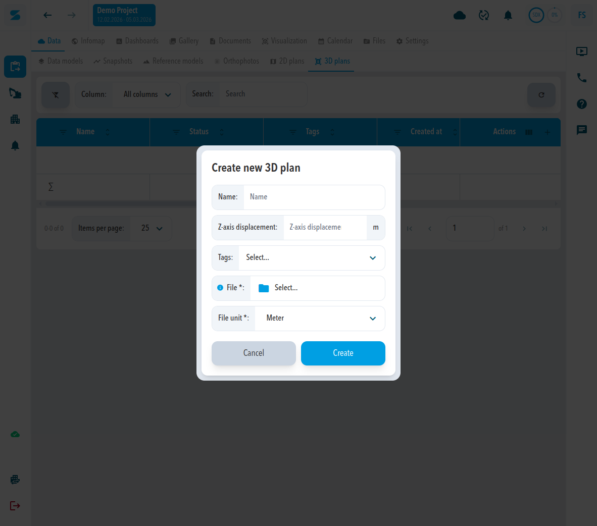 The Create new 3D plan dialog with Name, Z-axis displacement, Tags, File, and File unit fields and the buttons Cancel and Create
