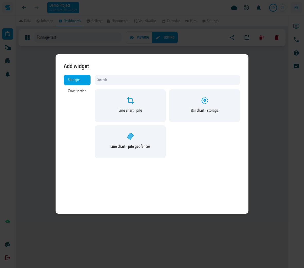The Add widget dialog with the Storages group open, listing Line chart - pile, Bar chart - storage and Line chart - pile geofences