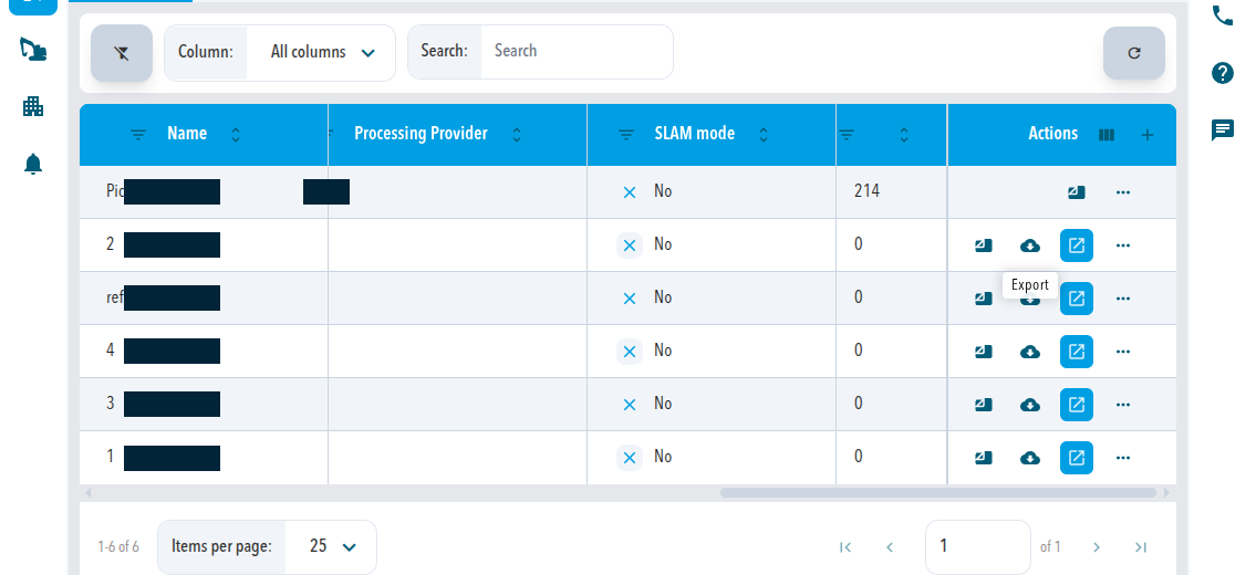 The Data models table with the Export tooltip on the cloud icon in the Actions column