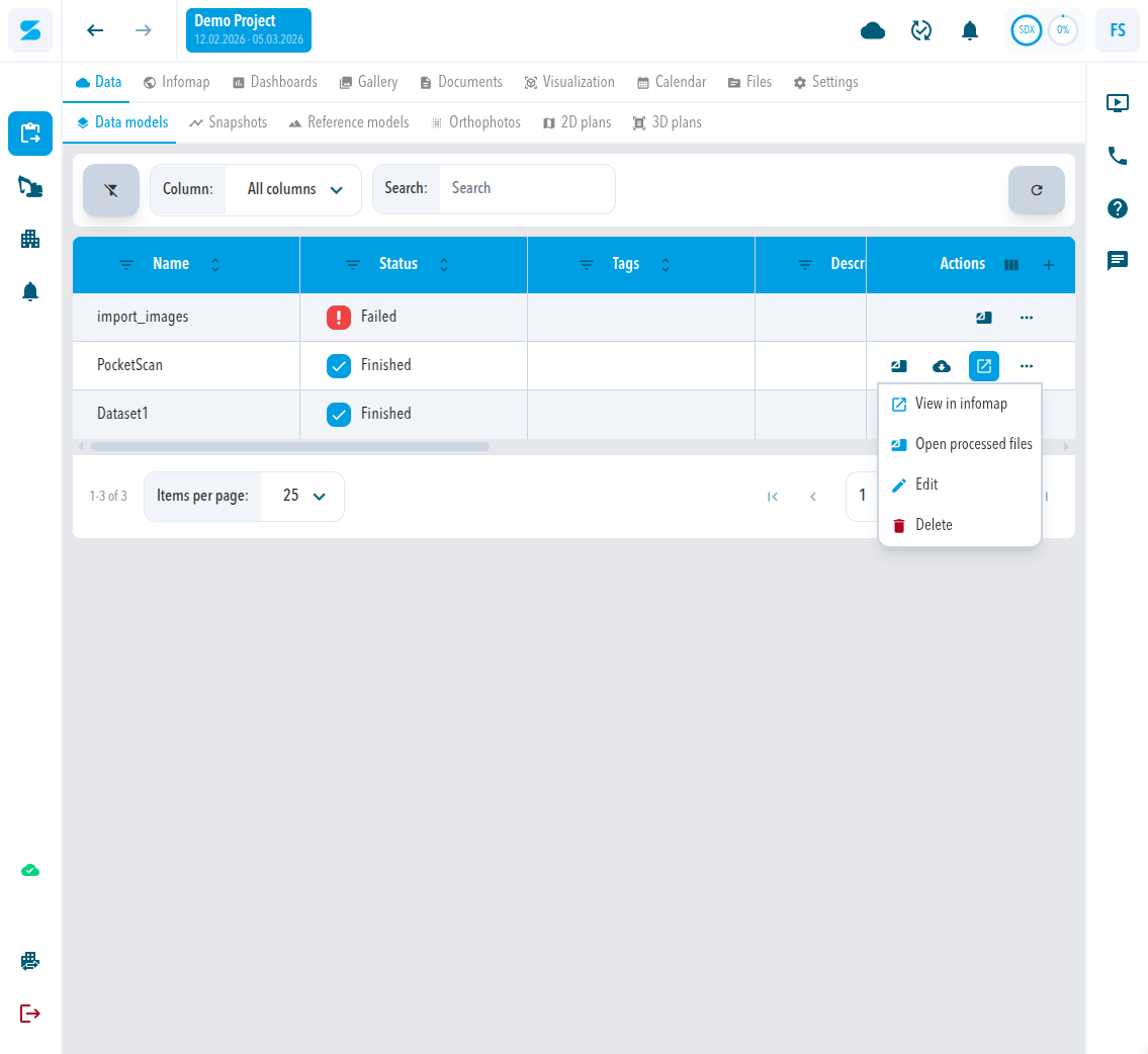 The Data models sub-tab with the row menu of a data model open, showing View in infomap as the first entry