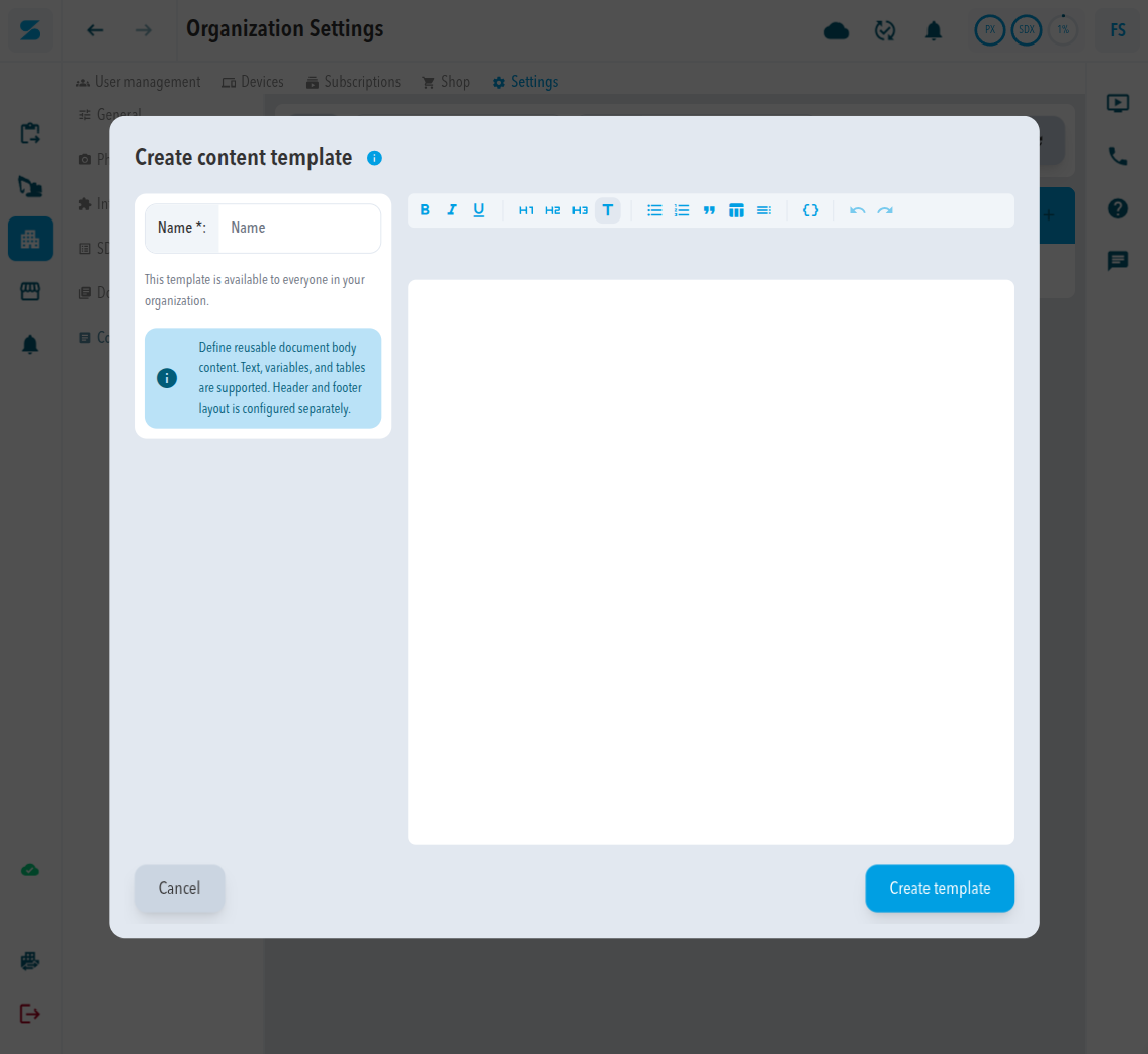 The Create content template dialog with a Name field and a rich-text body toolbar