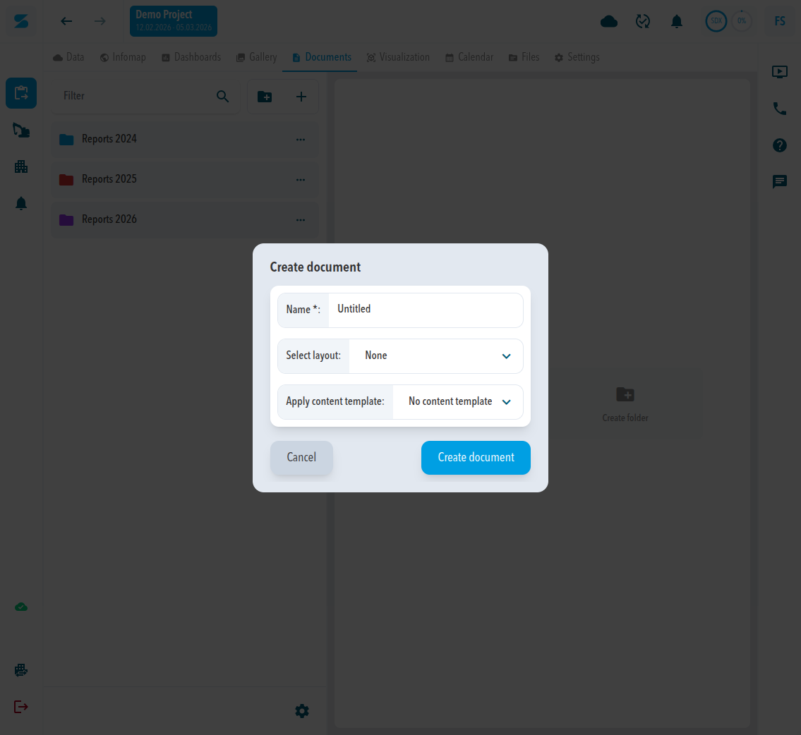 The Create document dialog with Name, Select layout, Apply content template, Cancel, and Create document