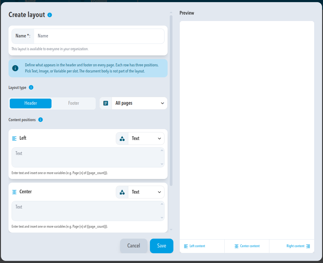 The Create layout dialog with Name, Layout type, page scope, and the Left and Center content positions, and the Preview pane
