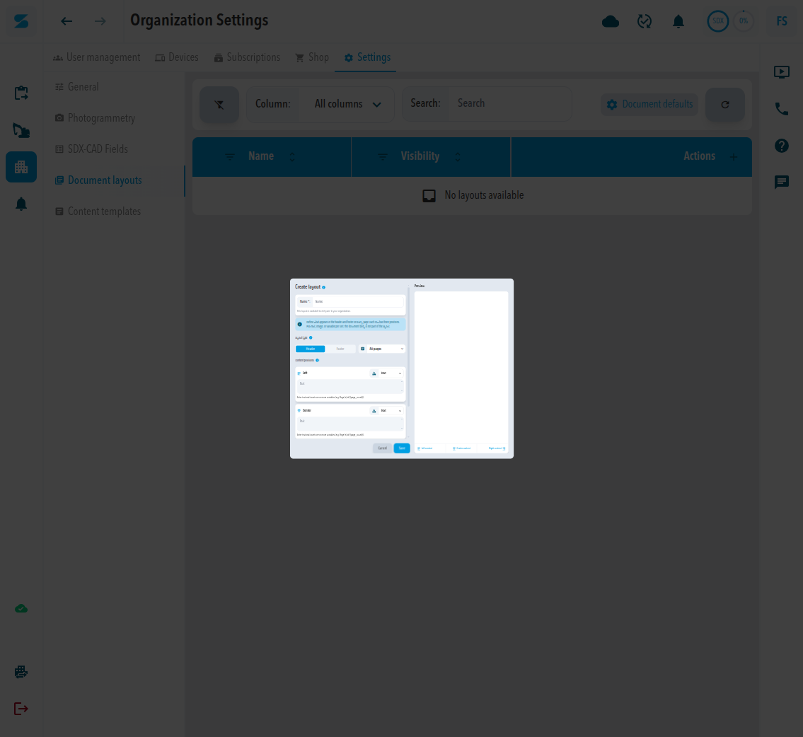 The Create layout dialog with Name, Layout type, page scope, and the Left, Center, and Right content positions