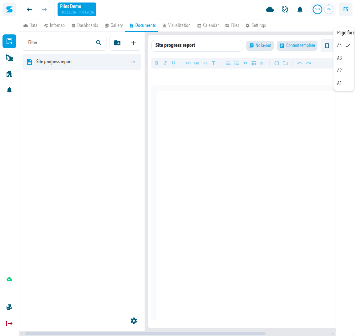 The document editor with the Page format list open, showing A4, A3, A2, and A1