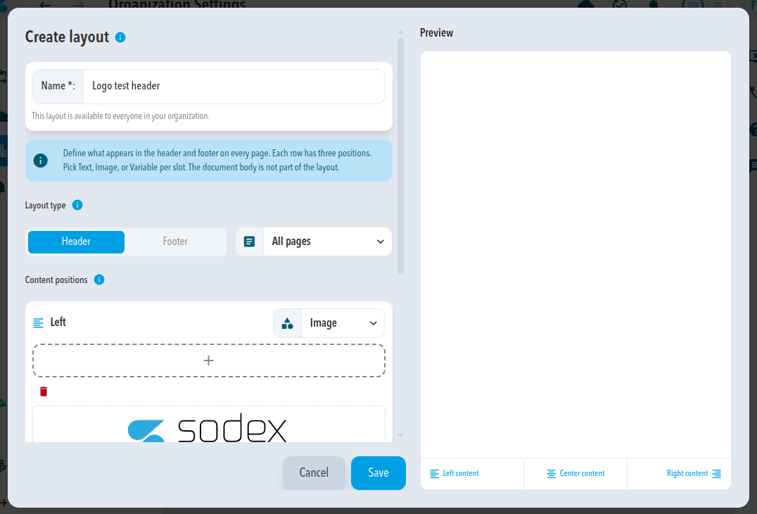 The Create layout dialog with the Left position set to Image, an uploaded logo, and the Preview pane