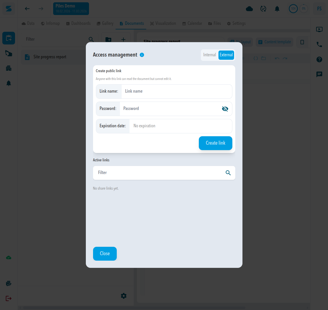 Access management on the External tab with Link name, Password, Expiration date, and Create link