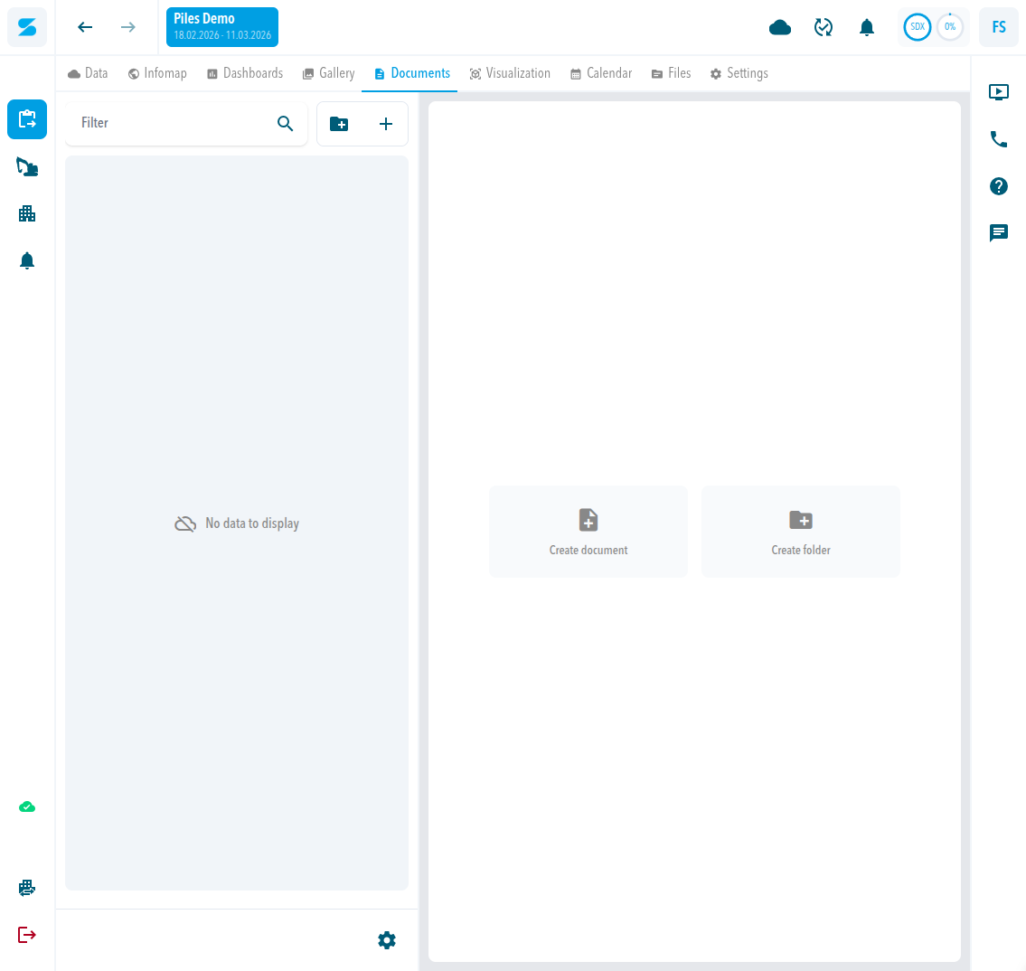 The empty Documents tab of a project with the folder pane (Filter, create-folder icon, add icon) and the cards Create document and Create folder