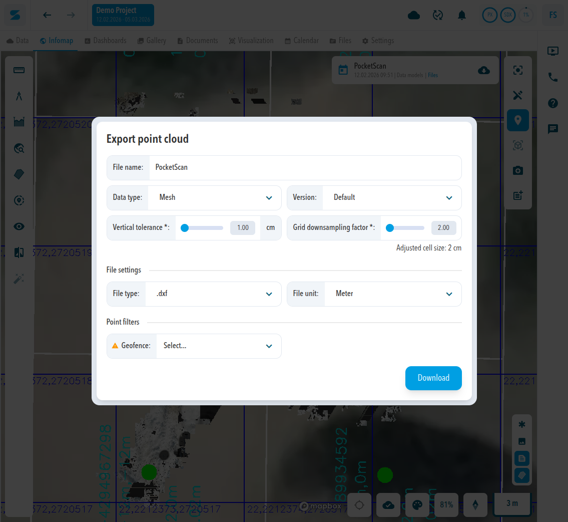 Export point cloud dialog with Data type Mesh, showing Version, Vertical tolerance, Grid downsampling factor with Adjusted cell size 2 cm, File type .dxf, File unit, and Geofence