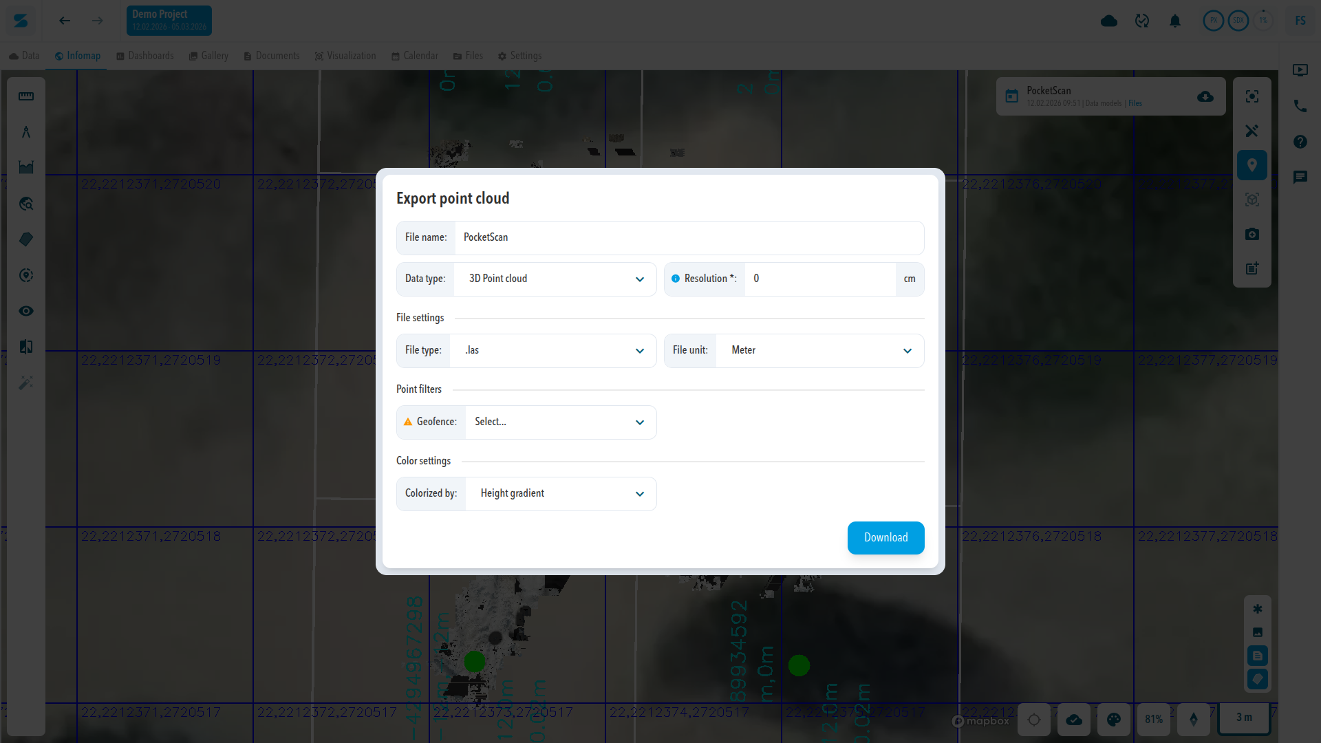 The Export point cloud dialog with Data type, Resolution, File type, File unit, Geofence, and Colorized by