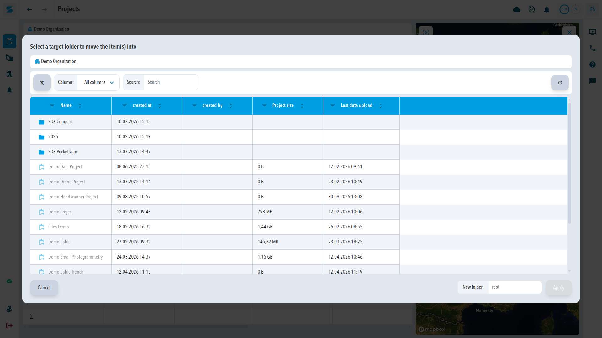 The Move project dialog with a list of folders and projects, a New folder field, and the Apply button