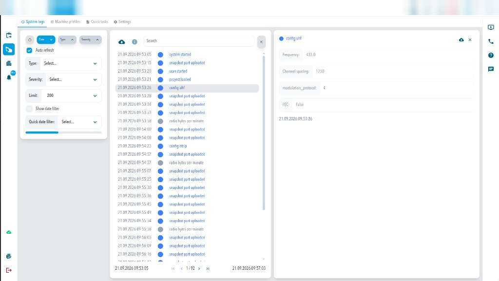 System logs with the config uhf entry selected; its details list Frequency, Channel spacing, modulation_protocol and FEC