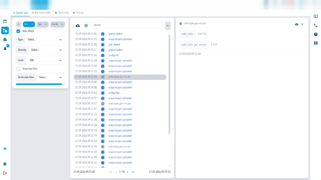 System logs with the radio bytes per minute entry selected; its details list radio_kbits and radio_kbits_per_second